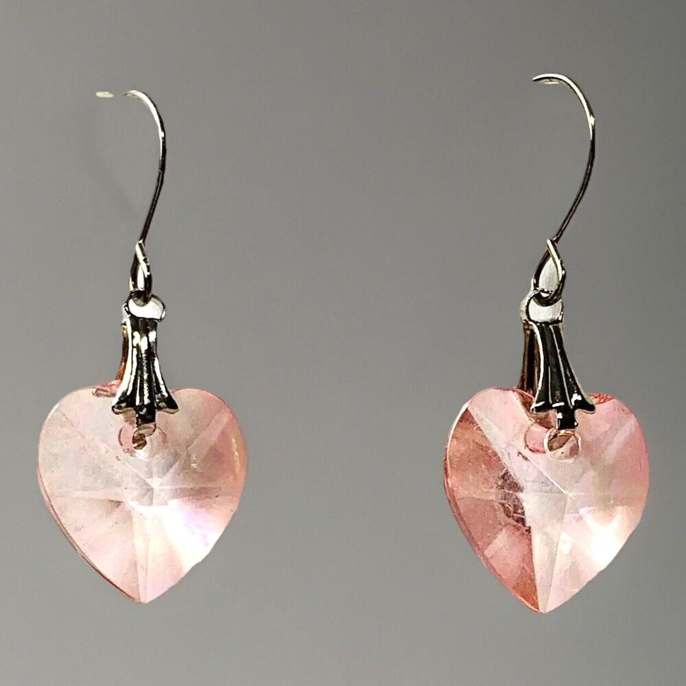 Valentine Pink Crystal Heart Earrings Irridescent Silver Tone Dangle Love
